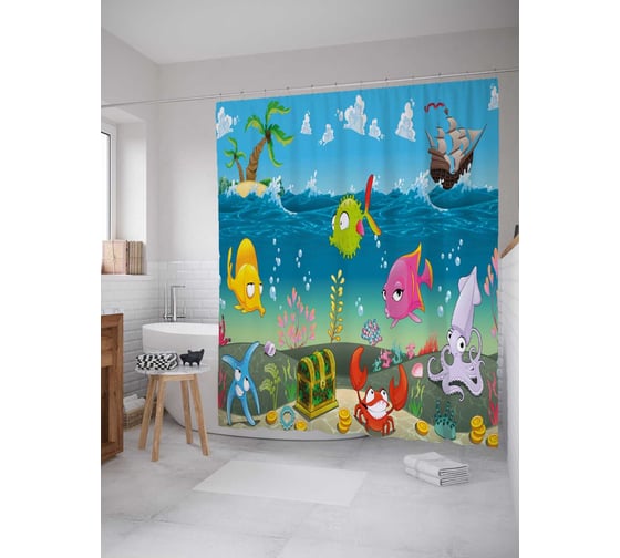 Изображение товара Штора (занавеска) для ванной JoyArty "Подводный мир" из сатена, 180х200 см с крючками, sc_30387