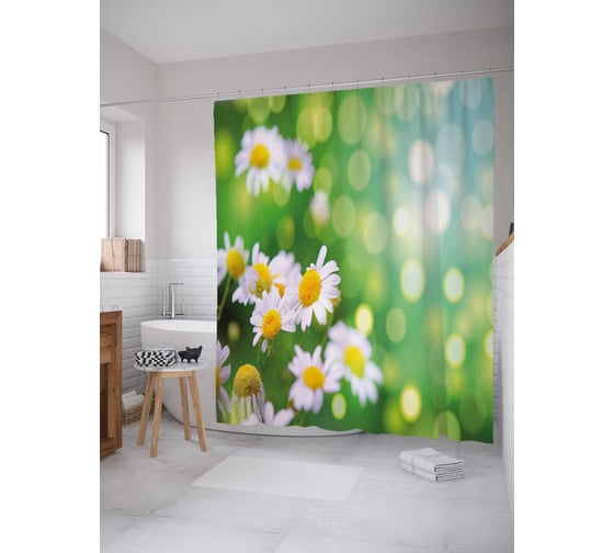 Изображение товара Штора (занавеска) для ванной JoyArty "Милые ромашки" из сатена, 180х200 см с крючками, sc_30348