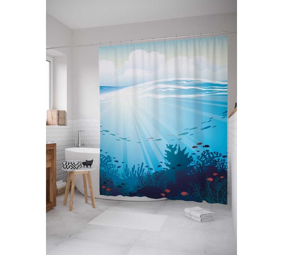 Изображение товара Штора (занавеска) для ванной JoyArty "Морской мир" из сатена, 180х200 см с крючками, sc_30315
