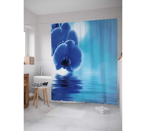 Изображение товара Штора (занавеска) для ванной JoyArty "Синяя орхидея" из сатена, 180х200 см с крючками, sc_30037