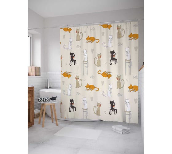 Изображение товара Штора (занавеска) для ванной JoyArty "Кошачьи гуляния" из сатена, 180х200 см с крючками, sc_30291