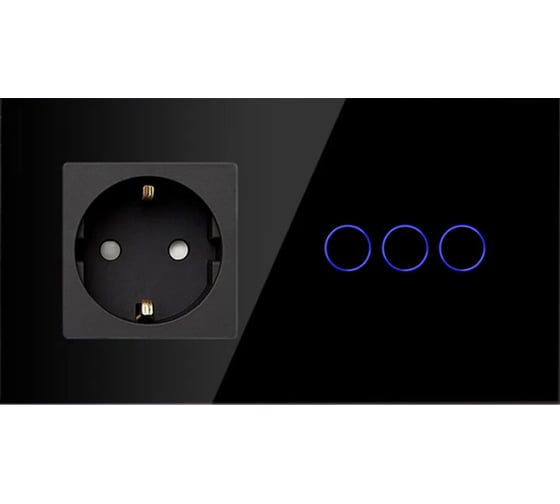 Изображение товара Сенсорный выключатель Vell с розеткой, черный, 2 поста, 3 кнопки + розетка, стекло 1369813