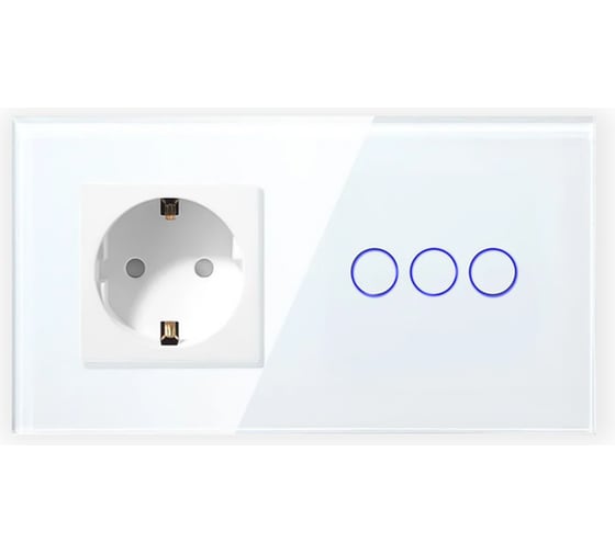 Изображение товара Сенсорный выключатель Vell с розеткой, белый, 2 поста, 3 кнопки + розетка, стекло 1369812