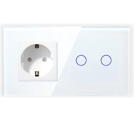 Изображение товара Сенсорный выключатель Vell с розеткой, белый, 2 поста, 2 кнопки + розетка, стекло 1369808