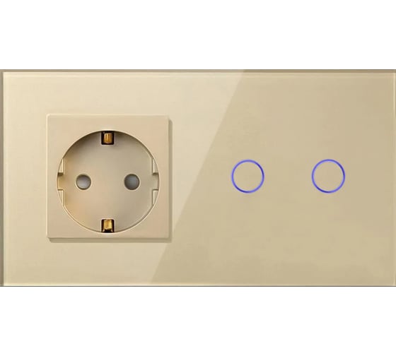 Изображение товара Сенсорный выключатель Vell с розеткой, золотой, 2 поста, 2 кнопки + розетка, стекло 1369810