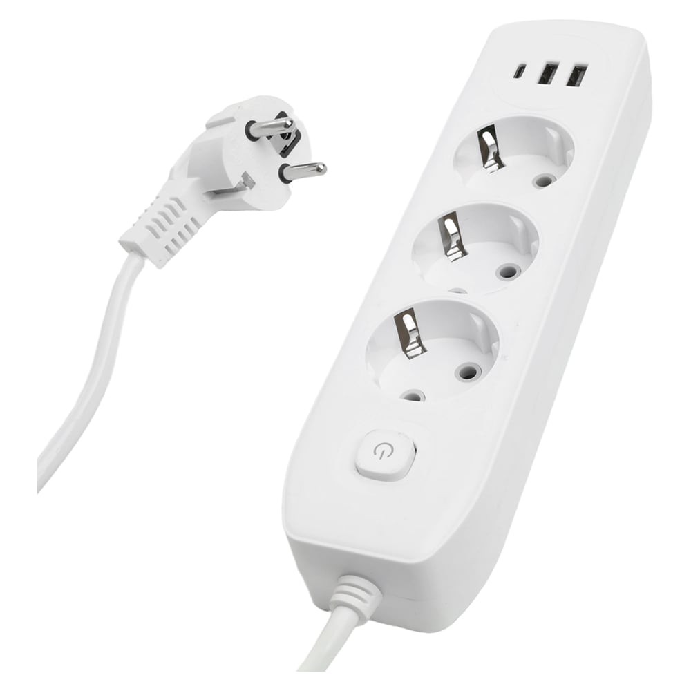 Изображение товара Удлинитель STEKKER 3-местный c/з 3x1 мм2, 1,8 м, 250В, 10А, 2USB+1Type-C 2,4А, серия Home, белый HM08-33-02, 49970