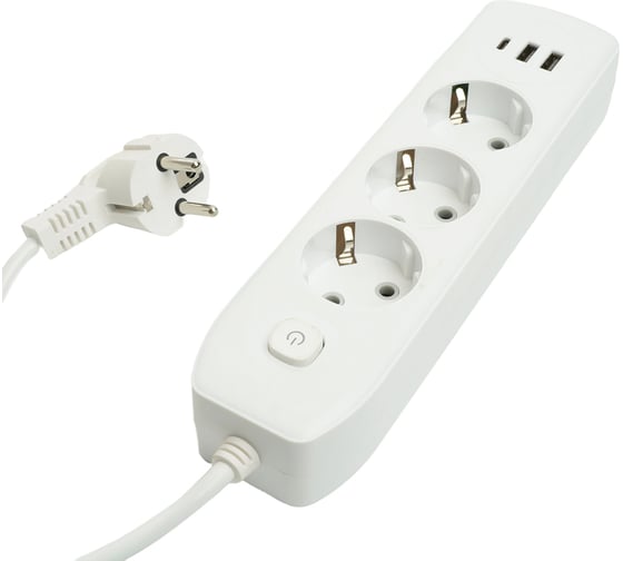 Изображение товара Удлинитель STEKKER 3-местный c/з 3x1 мм2, 1,8 м, 250В, 10А, 2USB+1Type-C 2,4А, серия Home, белый HM08-33-02, 49970