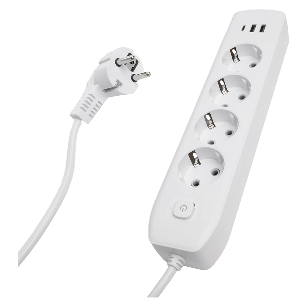 Изображение товара Удлинитель STEKKER 4-местный c/з 3х1 мм2, c USB и Type-C, 1,8 м, IP20, белый HM08-43-02