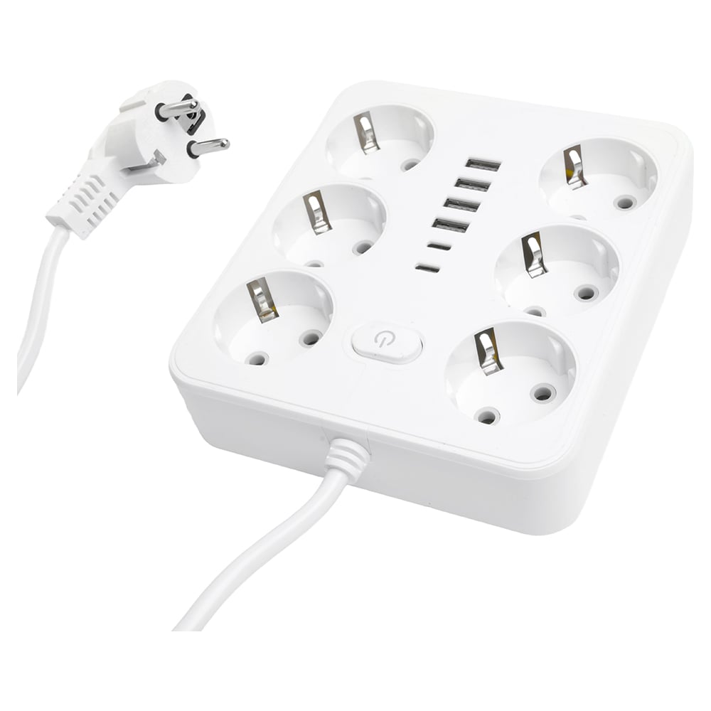 Изображение товара Удлинитель STEKKER 6-местный c USB и Type-C 1,8 м белый HM09-66-02