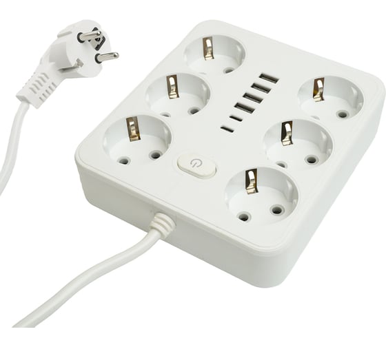 Изображение товара Удлинитель STEKKER 6-местный c/з 3x1 мм2, 1,8 м, 250В, 10А, 4USB+2Type-C 2,4А, серия Home, белый HM09-66-02, 49975