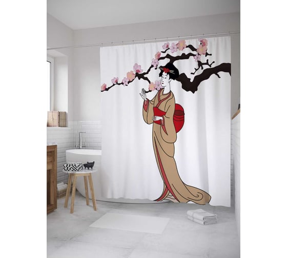 Изображение товара Штора (занавеска) для ванной JoyArty "Гейша у ветки сакуры" из сатена, 180х200 см с крючками, sc_31264