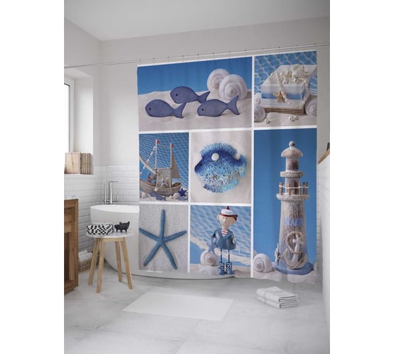 Изображение товара Штора (занавеска) для ванной JoyArty "Подарки из моря" из сатена, 180х200 см с крючками, sc_32011
