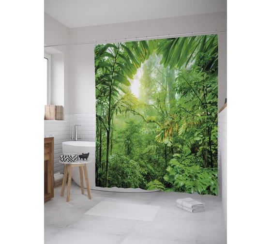 Изображение товара Штора (занавеска) для ванной JoyArty "Заросли джунглей" из сатена, 180х200 см с крючками, sc_32464