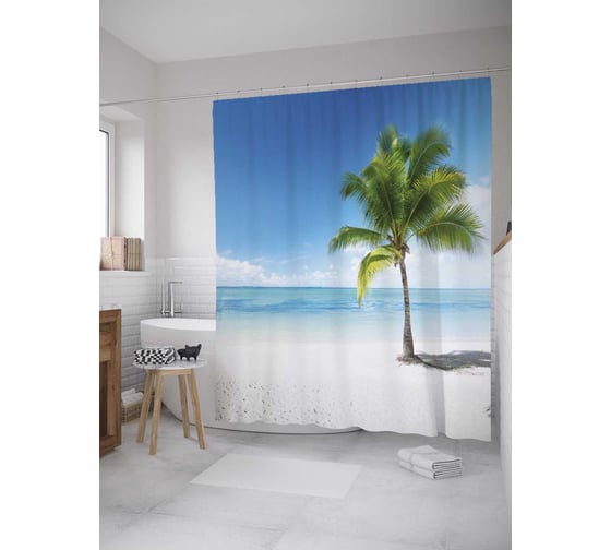 Изображение товара Штора (занавеска) для ванной JoyArty "Пальма на пляже" из сатена, 180х200 см с крючками, sc_31192