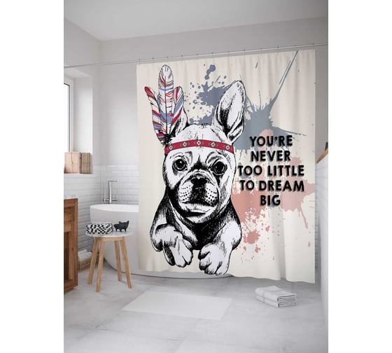 Изображение товара Штора (занавеска) для ванной JoyArty "Мечта собаки" из сатена, 180х200 см с крючками, sc_30823