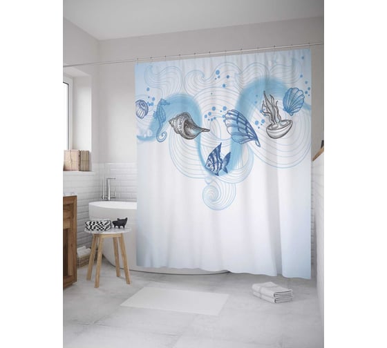 Изображение товара Штора (занавеска) для ванной JoyArty "Морской мир на волне" из сатена, 180х200 см с крючками, sc_31147