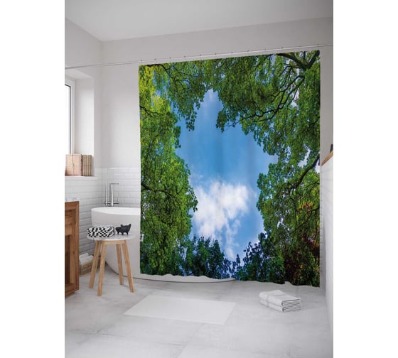 Изображение товара Штора (занавеска) для ванной JoyArty "Взгляд в небо из леса" из сатена, 180х200 см с крючками, sc_30165