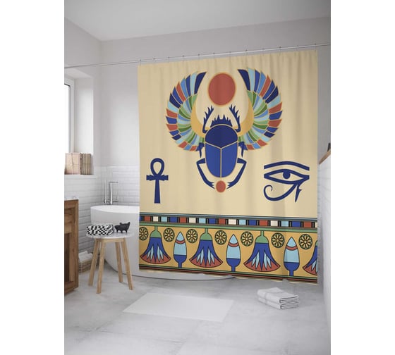 Изображение товара Штора (занавеска) для ванной JoyArty "Египетский скарабей" из сатена, 180х200 см с крючками, sc_31322