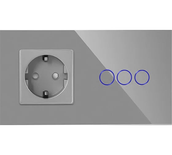 Изображение товара Сенсорный выключатель Vell с розеткой, серый, 2 поста, 3 кнопки + розетка, стекло 1369815