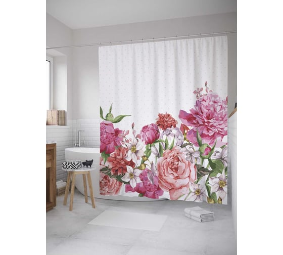 Изображение товара Штора (занавеска) для ванной JoyArty "Переплетение роз и пионов" из сатена, 180х200 см с крючками, sc_31234