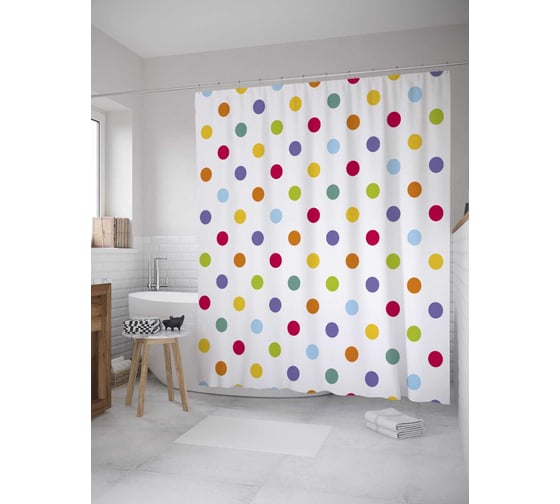Изображение товара Штора (занавеска) для ванной JoyArty "Цветной горошек" из сатена, 180х200 см с крючками, sc_31251