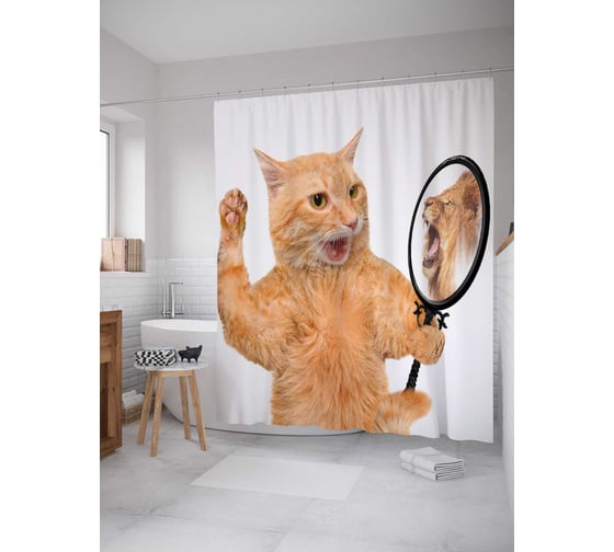 Изображение товара Штора (занавеска) для ванной JoyArty "Кот видит льва" из сатена, 180х200 см с крючками, sc_30167