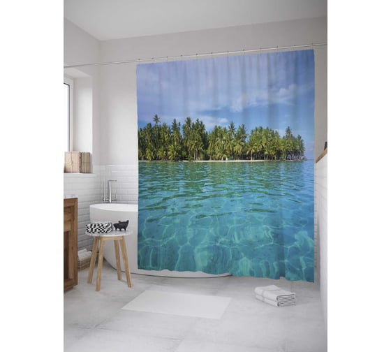 Изображение товара Штора (занавеска) для ванной JoyArty "Пальмовый остров" из сатена, 180х200 см с крючками, sc_31419