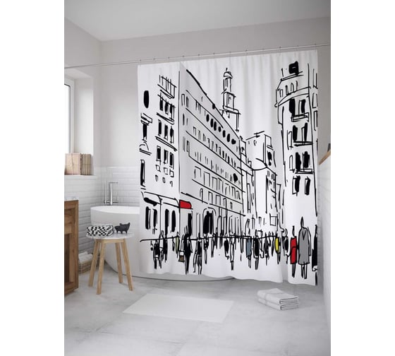 Изображение товара Штора (занавеска) для ванной JoyArty "Черно-белый город" из сатена, 180х200 см с крючками, sc_31359
