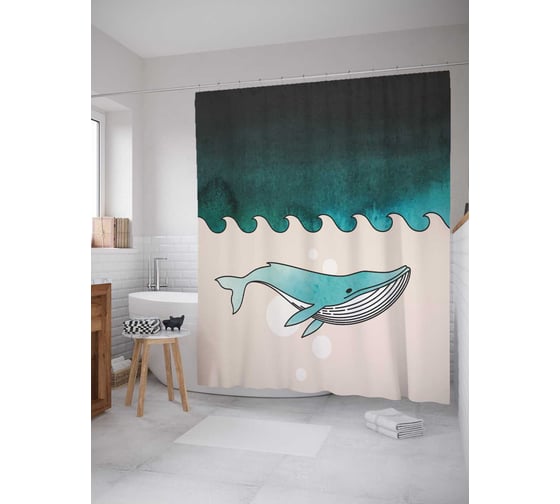 Изображение товара Штора (занавеска) для ванной JoyArty "Кит и волны" из сатена, 180х200 см с крючками, sc_33544