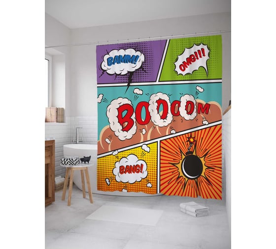 Изображение товара Штора (занавеска) для ванной JoyArty "Бум-бам!" из сатена, 180х200 см с крючками, sc_38734