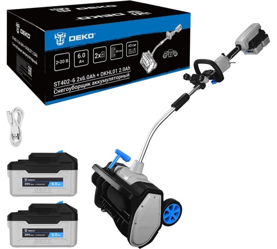Изображение товара Снегоуборщик аккумуляторный DEKO ST402-6, 2х20В, 2х6.0Ач со съемной фарой DKHL01 2.0Ач 083-4444