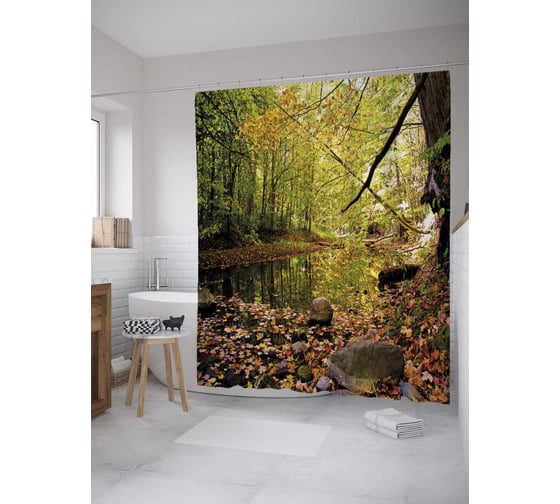Изображение товара Штора (занавеска) для ванной JoyArty "Осеннее озеро" из сатена, 180х200 см с крючками, sc_31564