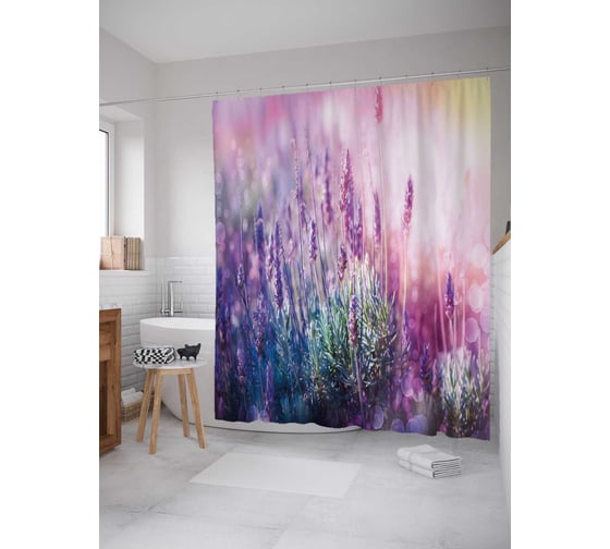Изображение товара Штора (занавеска) для ванной JoyArty "Горная лаванда" из сатена, 180х200 см с крючками, sc_39846
