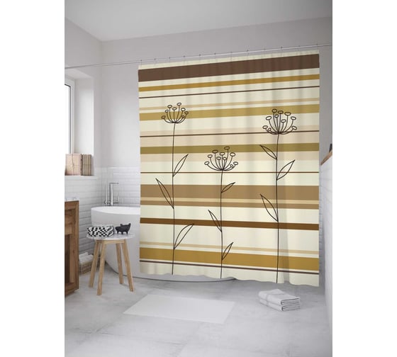 Изображение товара Штора (занавеска) для ванной JoyArty "Флора на полосках" из сатена, 180х200 см с крючками, sc_31480