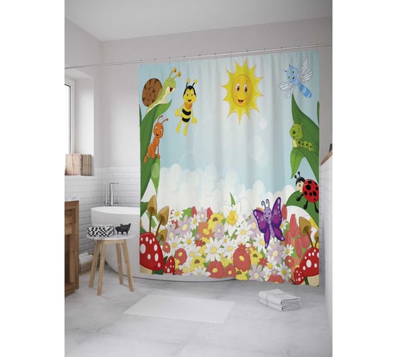 Изображение товара Штора (занавеска) для ванной JoyArty "Мультяшные букашки" из сатена, 180х200 см с крючками, sc_31540