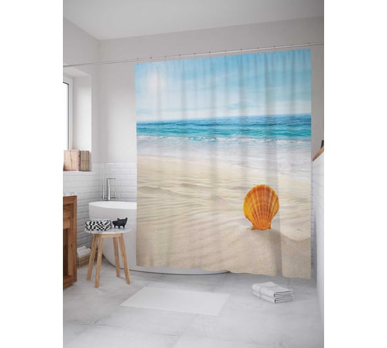 Изображение товара Штора (занавеска) для ванной JoyArty "Песчаная ракушка" из сатена, 180х200 см с крючками, sc_3007