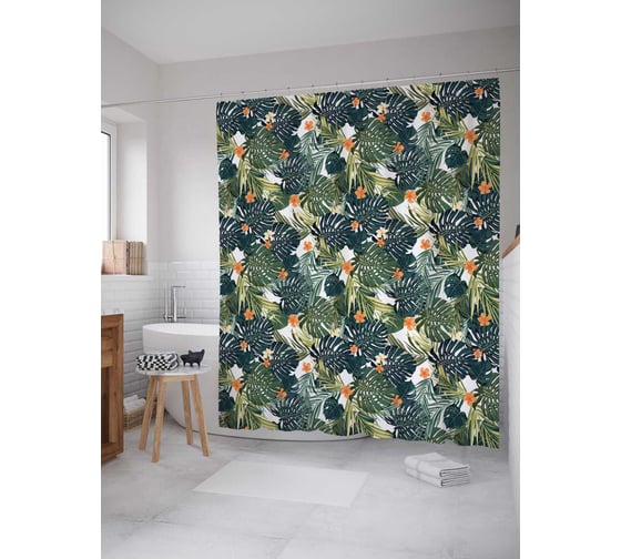 Изображение товара Штора (занавеска) для ванной JoyArty "Тропический мотив" из сатена, 180х200 см с крючками, sc_79849
