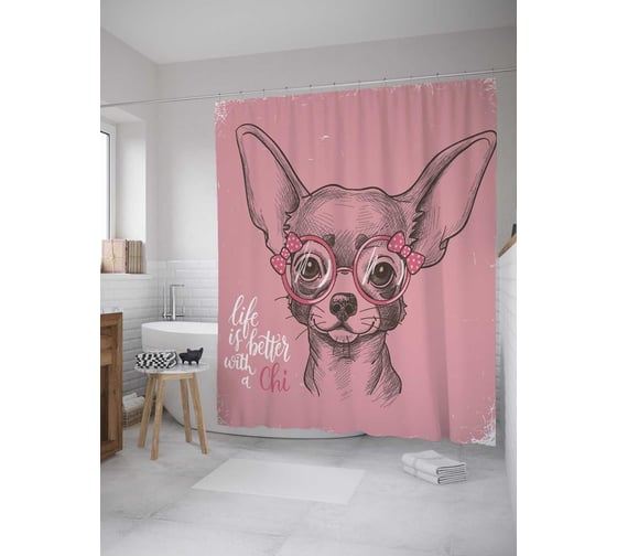 Изображение товара Штора (занавеска) для ванной JoyArty "Эскиз чихуахуа" из сатена, 180х200 см с крючками, sc_32985