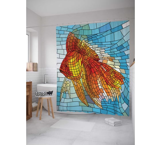 Изображение товара Штора (занавеска) для ванной JoyArty "Рыба в витраже" из сатена, 180х200 см с крючками, sc_7708