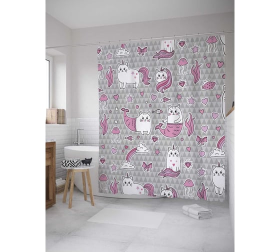 Изображение товара Штора (занавеска) для ванной JoyArty "Котик единорог" из сатена, 180х200 см sc_378451