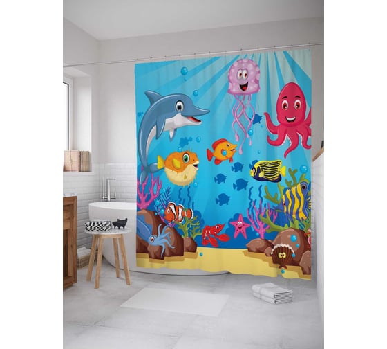 Изображение товара Штора (занавеска) для ванной JoyArty "Море персонажей" из сатена, 180х200 см с крючками, sc_9519