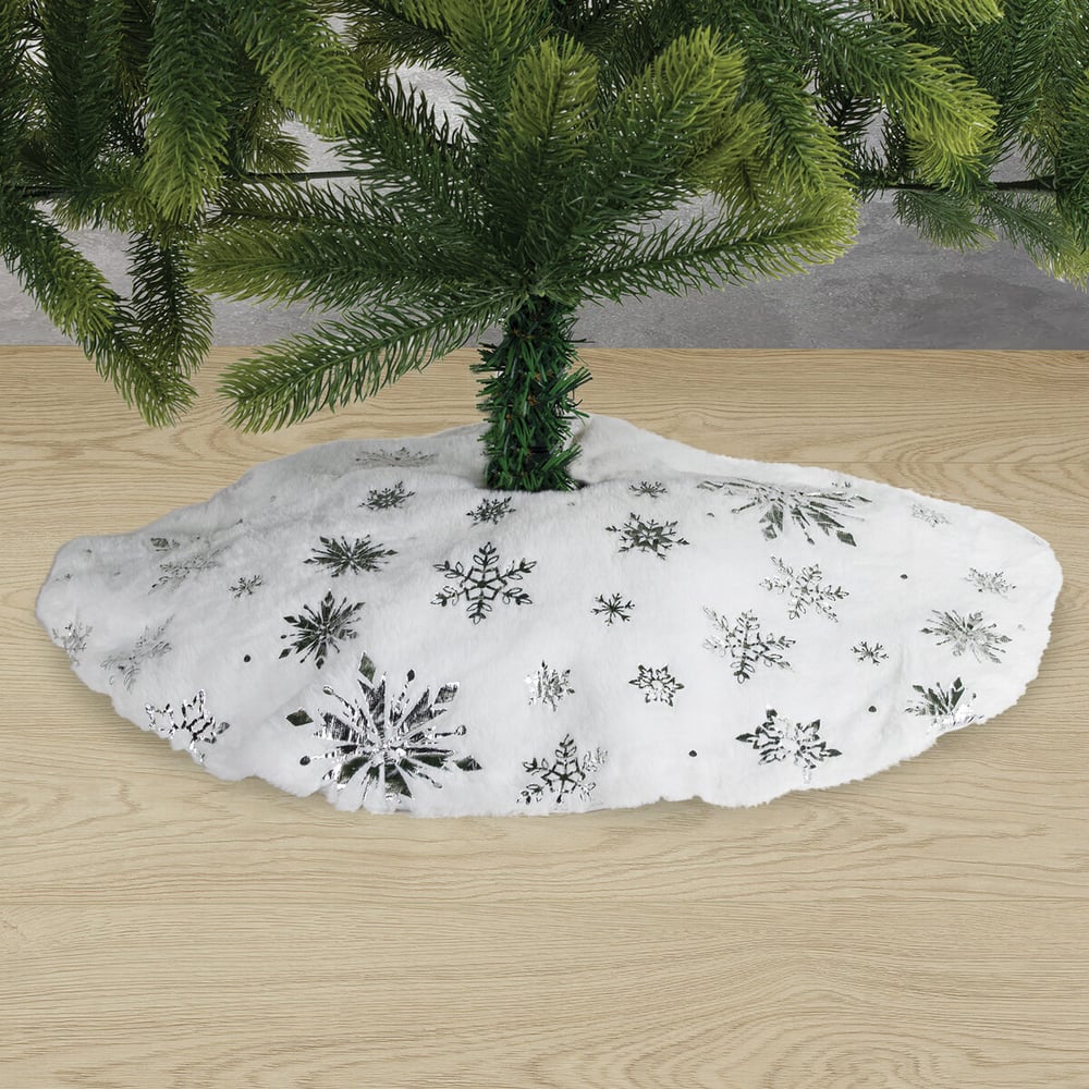 Изображение товара Новогодний коврик под елку Золотая сказка белый с серебристыми снежинками 60 см