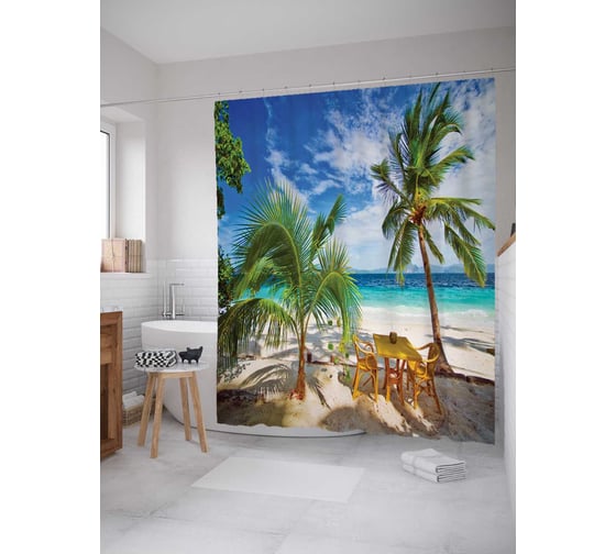 Изображение товара Штора (занавеска) для ванной JoyArty "Пляжные посиделки" из сатена, 180х200 см с крючками, sc_9379
