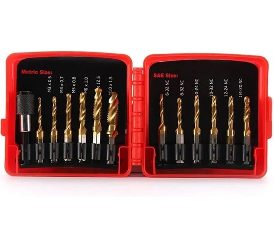 Изображение товара Набор из 13 комбинированных сверл и метчиков Vitatools из быстрорежущей стали 1/4 дюйма с быстросменным адаптером nabor-13-kombinirovannyh-sverl