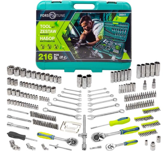 Изображение товара Набор инструментов FORS&TUNE 216 предметов 1/4''3/8''1/2''(6гр.)(4-32мм) в кейсе FORSandTUNE-38841(58199)