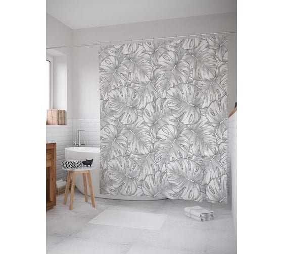 Изображение товара Штора (занавеска) для ванной JoyArty "Нарисованные тропические листья" из сатена, 180х200 см с крючками, sc_56904