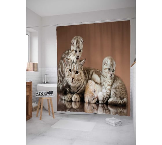 Изображение товара Штора (занавеска) для ванной JoyArty "Кошачья мама" из сатена, 180х200 см с крючками, sc_9639