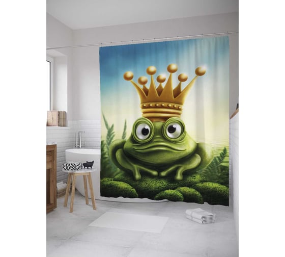 Изображение товара Штора (занавеска) для ванной JoyArty "Лягушка-принц" из сатена, 180х200 см с крючками, sc_36000