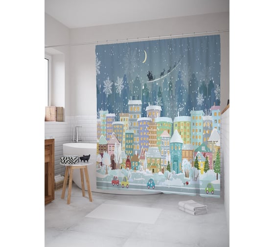 Изображение товара Штора (занавеска) для ванной JoyArty "Канун Нового Года" из сатена, 180х200 см с крючками, sc_92684