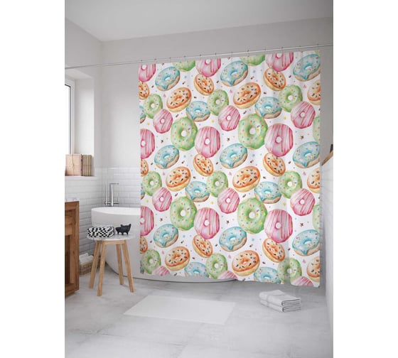 Изображение товара Штора (занавеска) для ванной JoyArty "Пончики" из сатена, 180х200 см с крючками, sc_50063